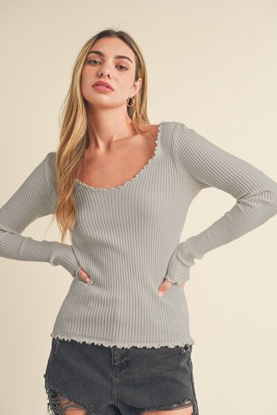 Aemi + Co Lettuce Hem Scoop Neck Long Sleeve Knit Top Tops