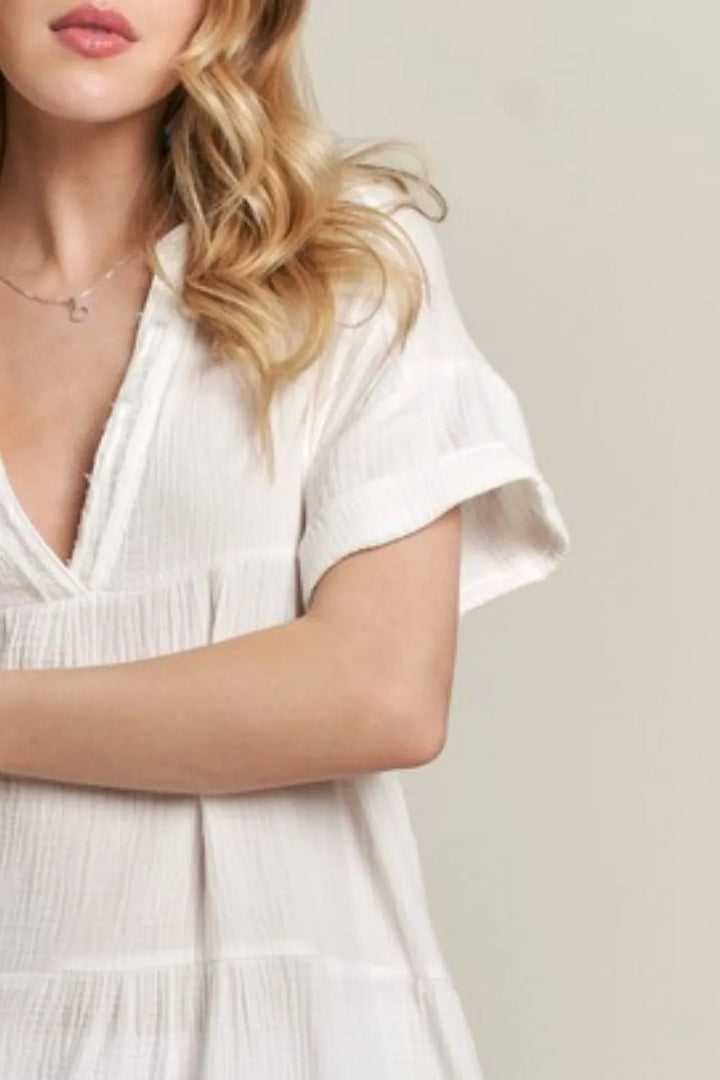 ADORA Tiered Notched Short Sleeve Dress Mini Dresses