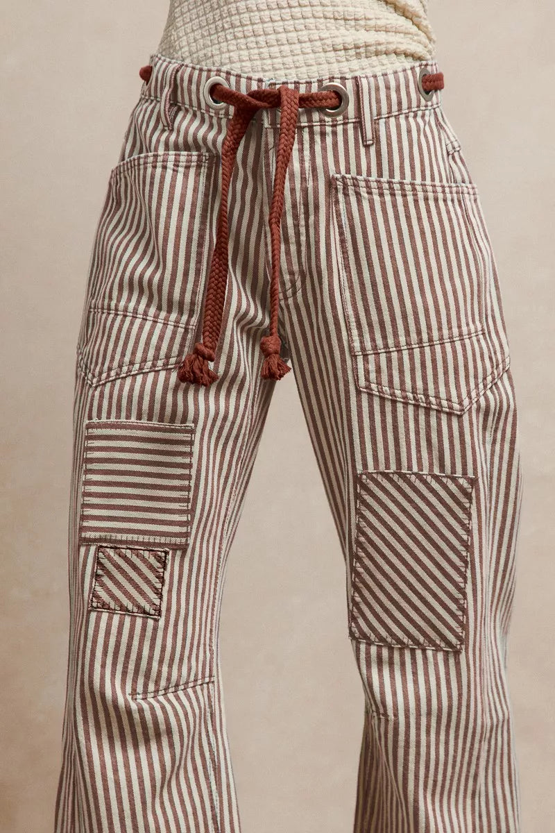 BiBi Drawstring Striped Twill Barrel Pants with patchwork thighs