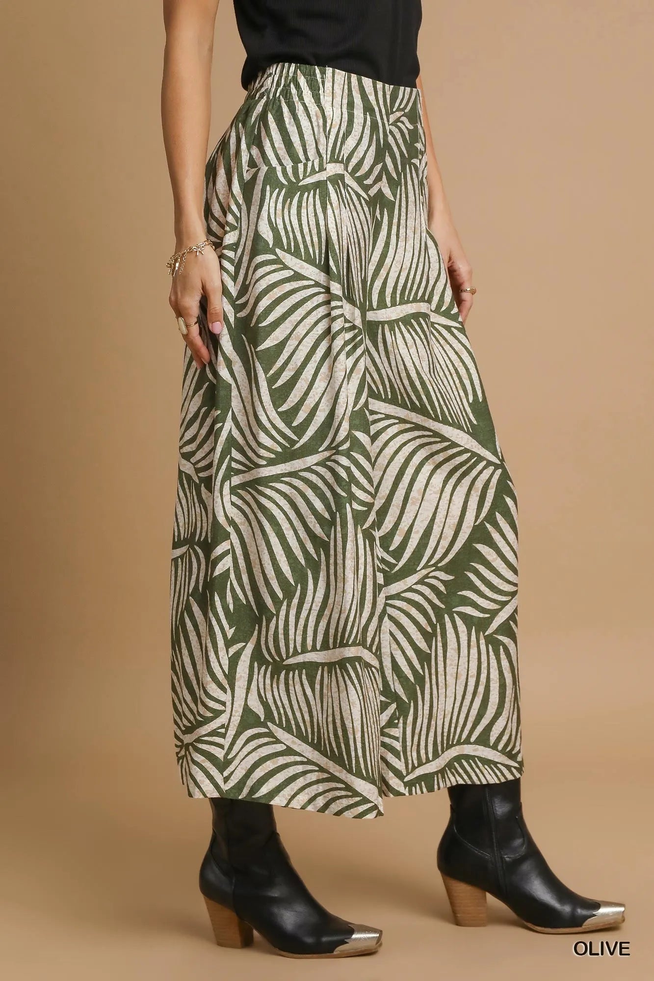 Umgee Palm Leaf Print Wide Leg Culotte Pants Pants