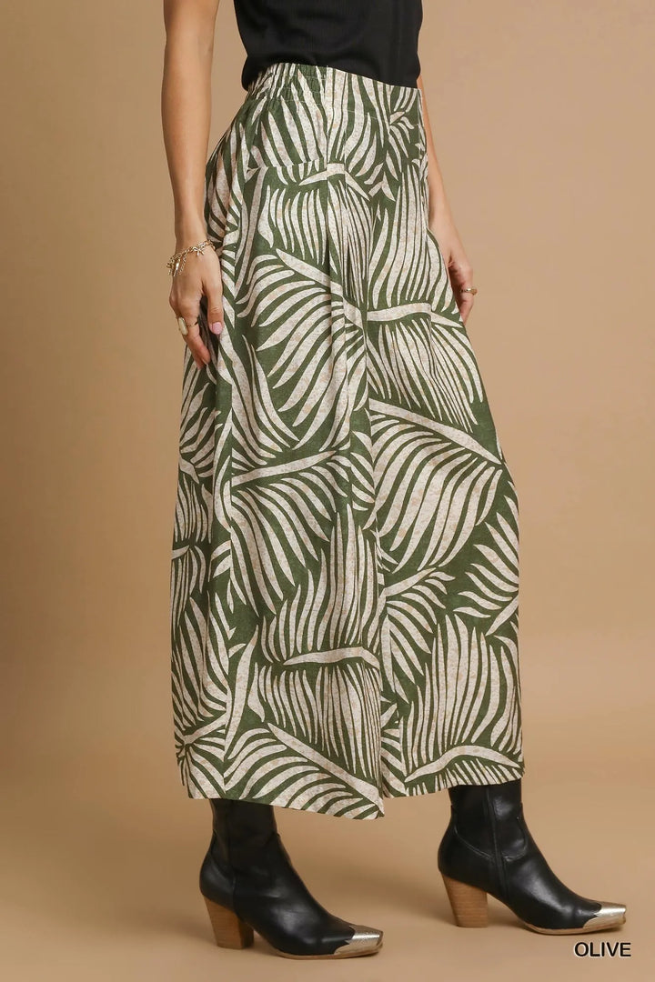 Umgee Palm Leaf Print Wide Leg Culotte Pants Pants