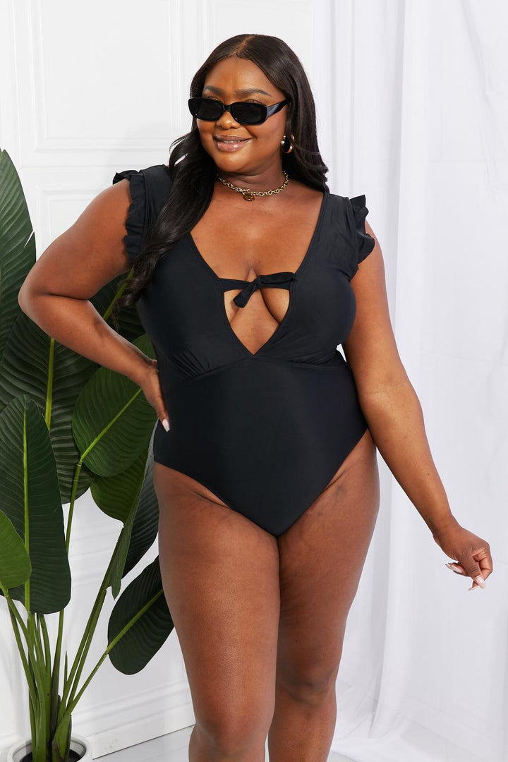 Marina West Swim Seashell Ruffle Sleeve One-Piece in Black Swimwear