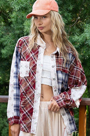 POL Patchwork Plaid Button Up Shirt Tops