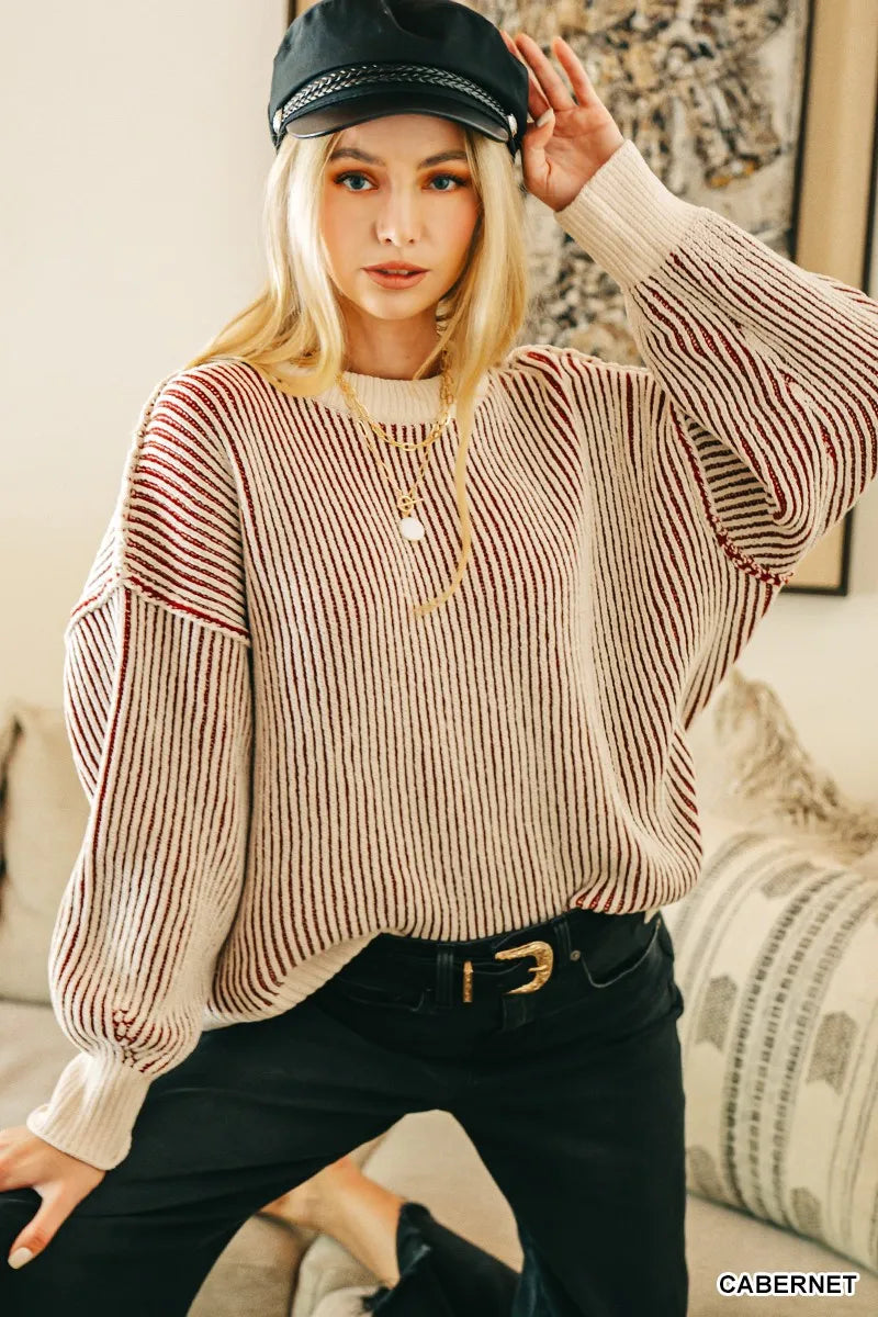 CABERNET L XL Zenana Two Tone Crewneck Sweater | Sweaters Daverri Fashions