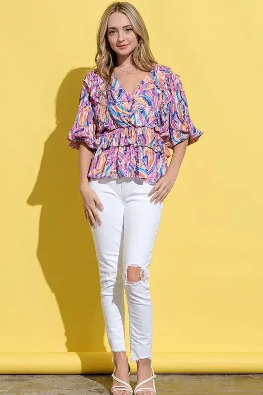 And The Why Printed Lantern Sleeve Blouse - DAVERRI FASHIONS