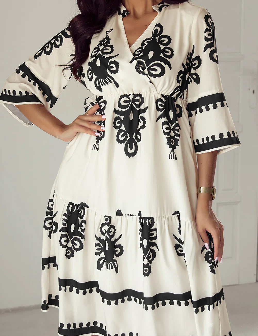 White and black embroidered bell sleeve knee length dress
