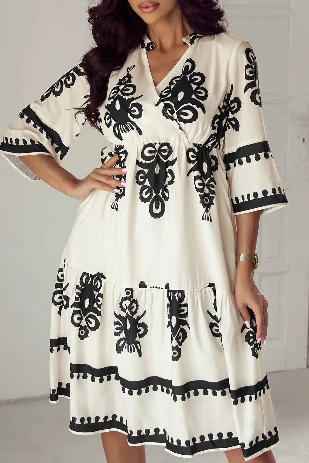 White and black embroidered bell sleeve knee length dress