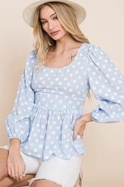 Lime 'N' Chili Polka Dot Print Balloon Sleeve Babydoll Peplum Top | Tops Daverri Fashions