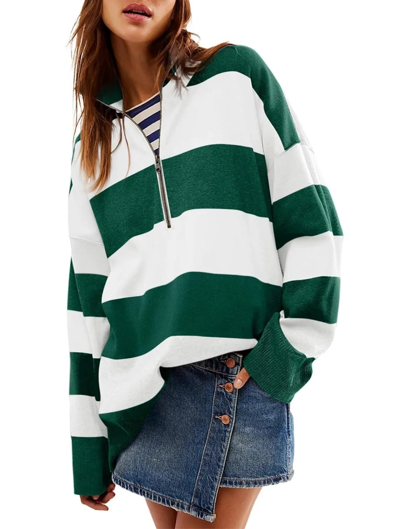 Striped Half-Zip Oversized Sweatshirt | Sweatshirts Daverri Fashions