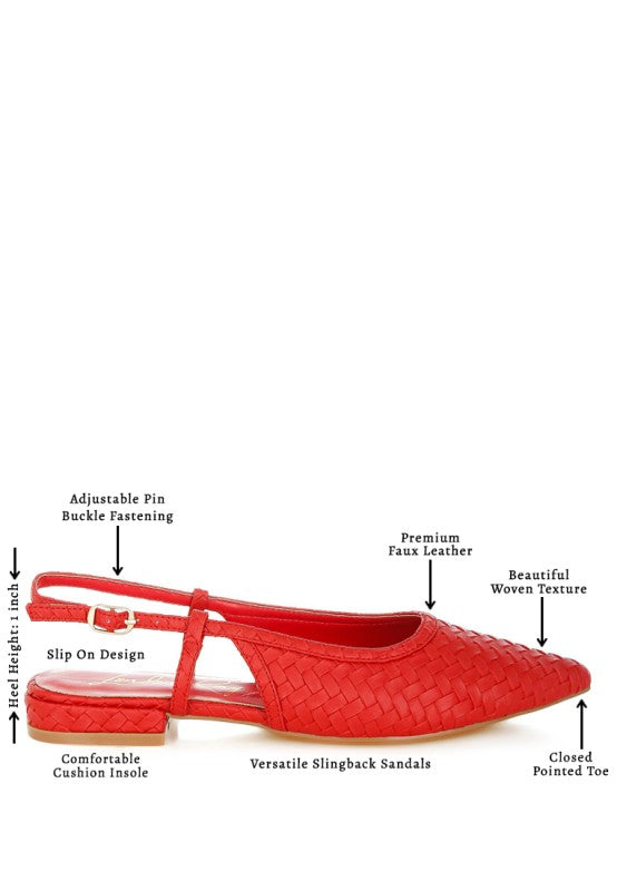 Red woven faux leather slingback sandals with pointed toe and buckle