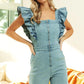 BiBi Zip Up Front Denim Romper With Ruffles Rompers