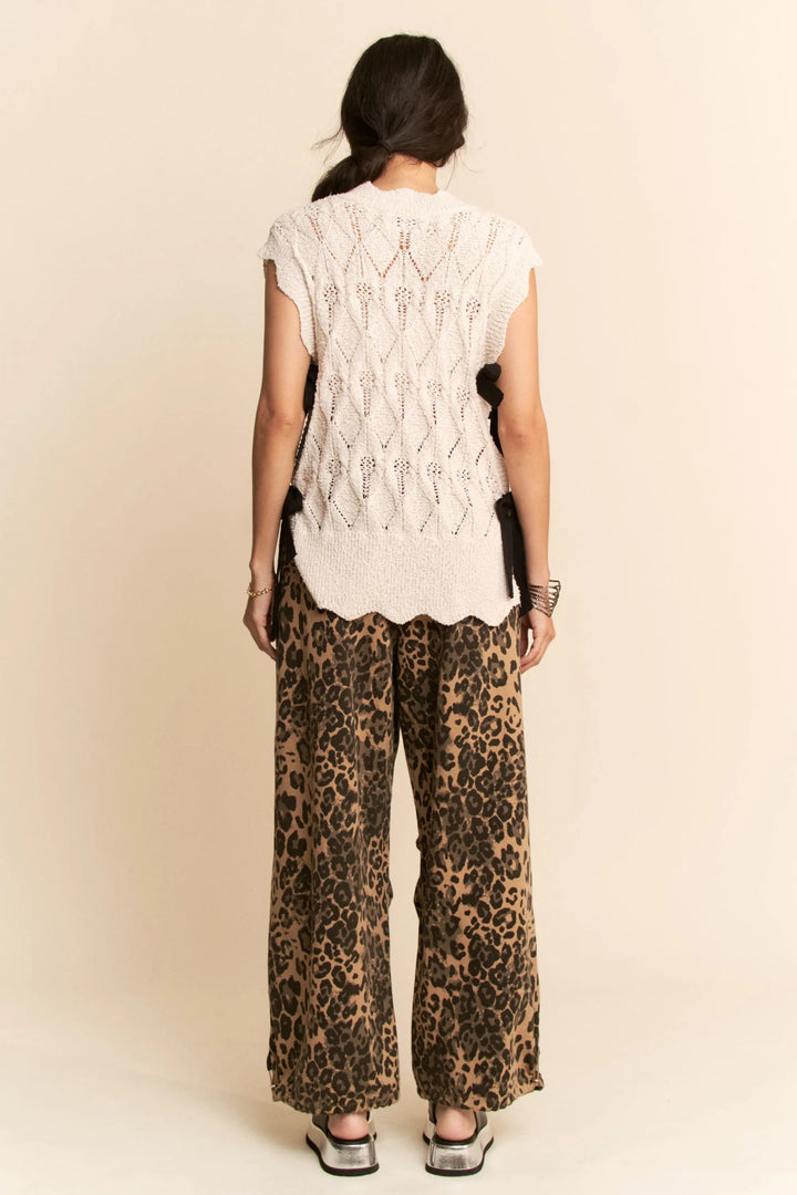 Davi & Dani Ribbon Bow Ties Scalloped Trim Knit Semi Crop Top Tops