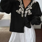 Daverri Fashions Embroidered Notched Long Sleeve Blouse - DAVERRI FASHIONS