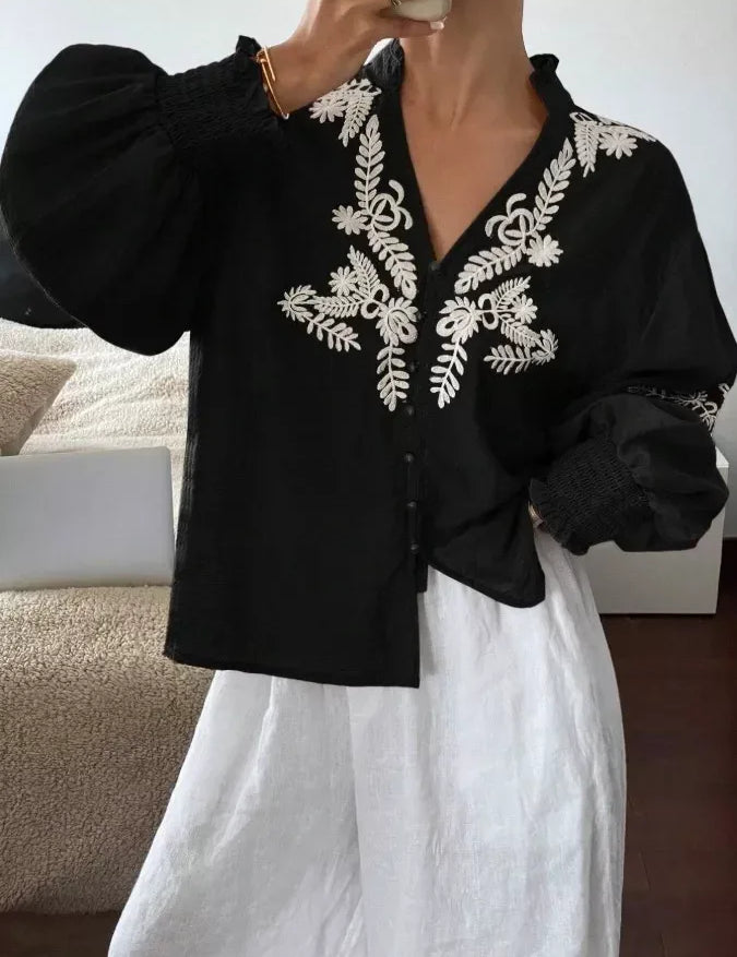 Daverri Fashions Embroidered Notched Long Sleeve Blouse - DAVERRI FASHIONS