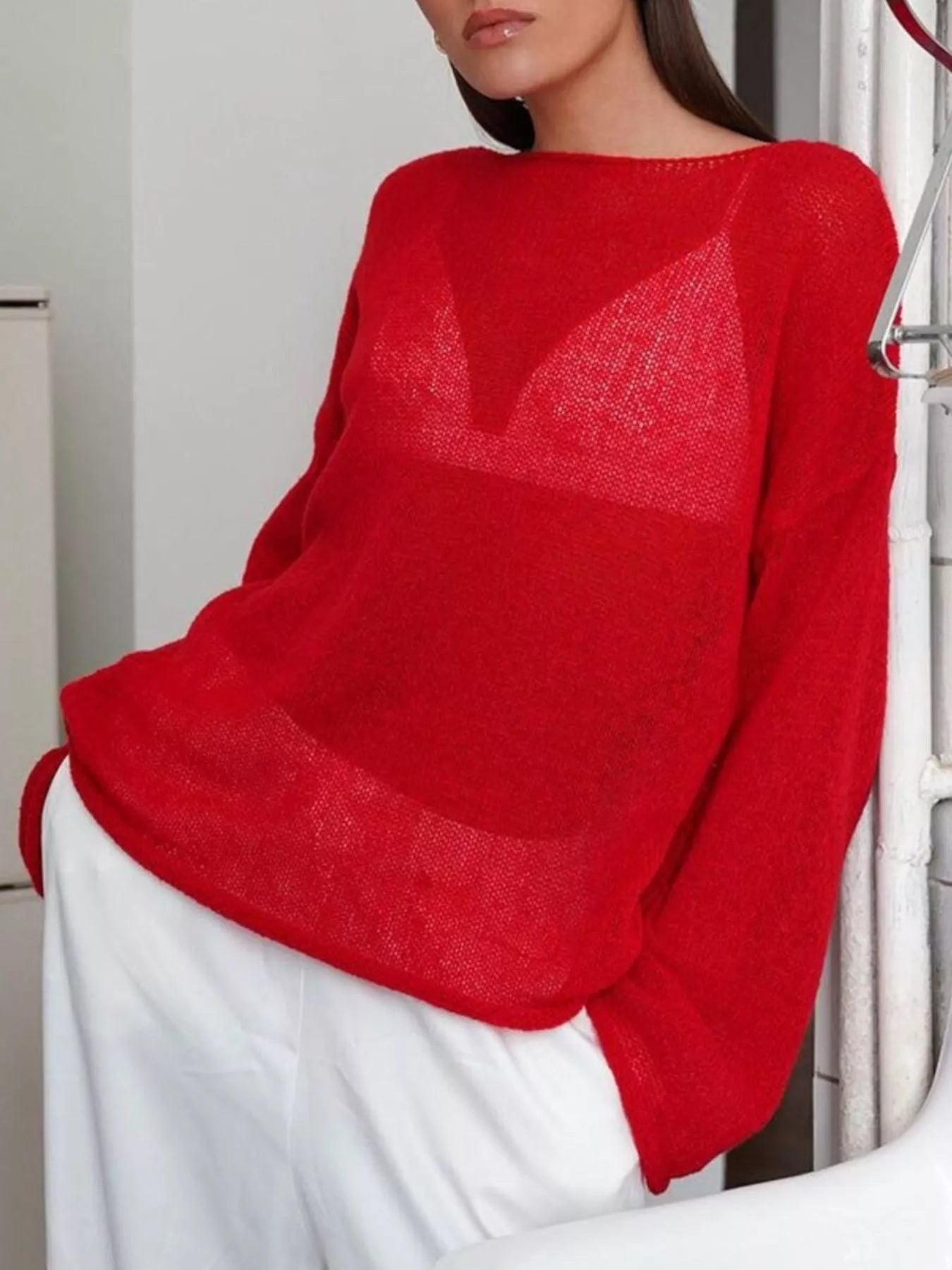 Vibrant red boat neck dropped shoulder knit sweater with sheer mesh chest panel