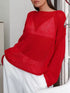 Vibrant red boat neck dropped shoulder knit sweater with sheer mesh chest panel