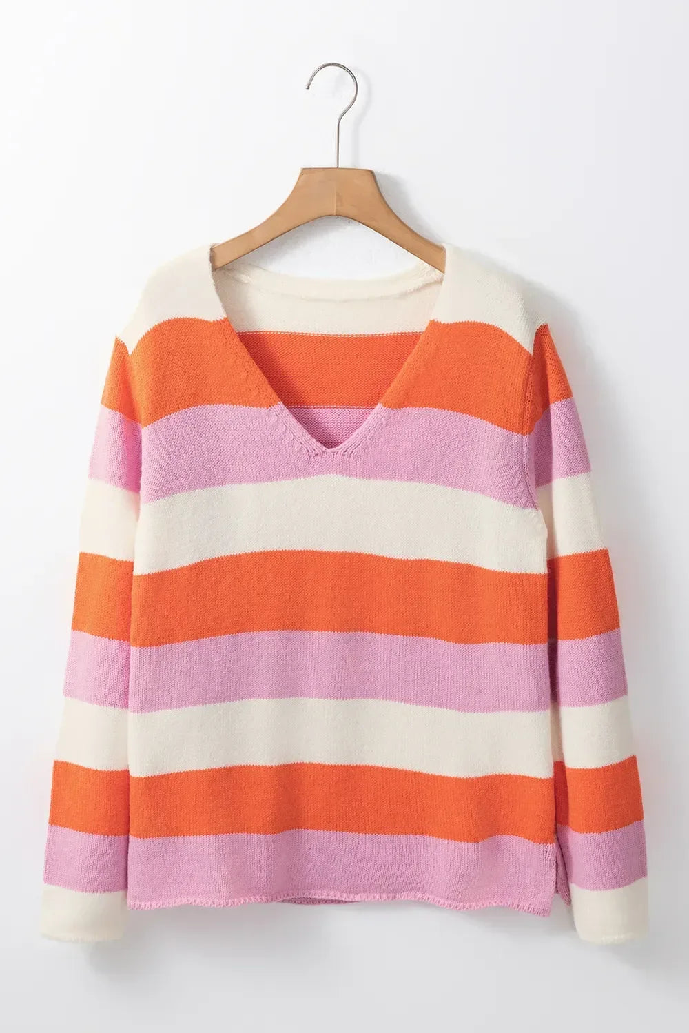 Color Block V-Neck Long Sleeve Sweater - DAVERRI FASHIONS