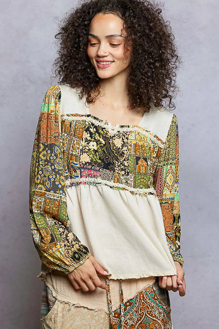 POL Balloon Sleeve Peplum Blouse with Trim Detail | Blouses Daverri Fashions