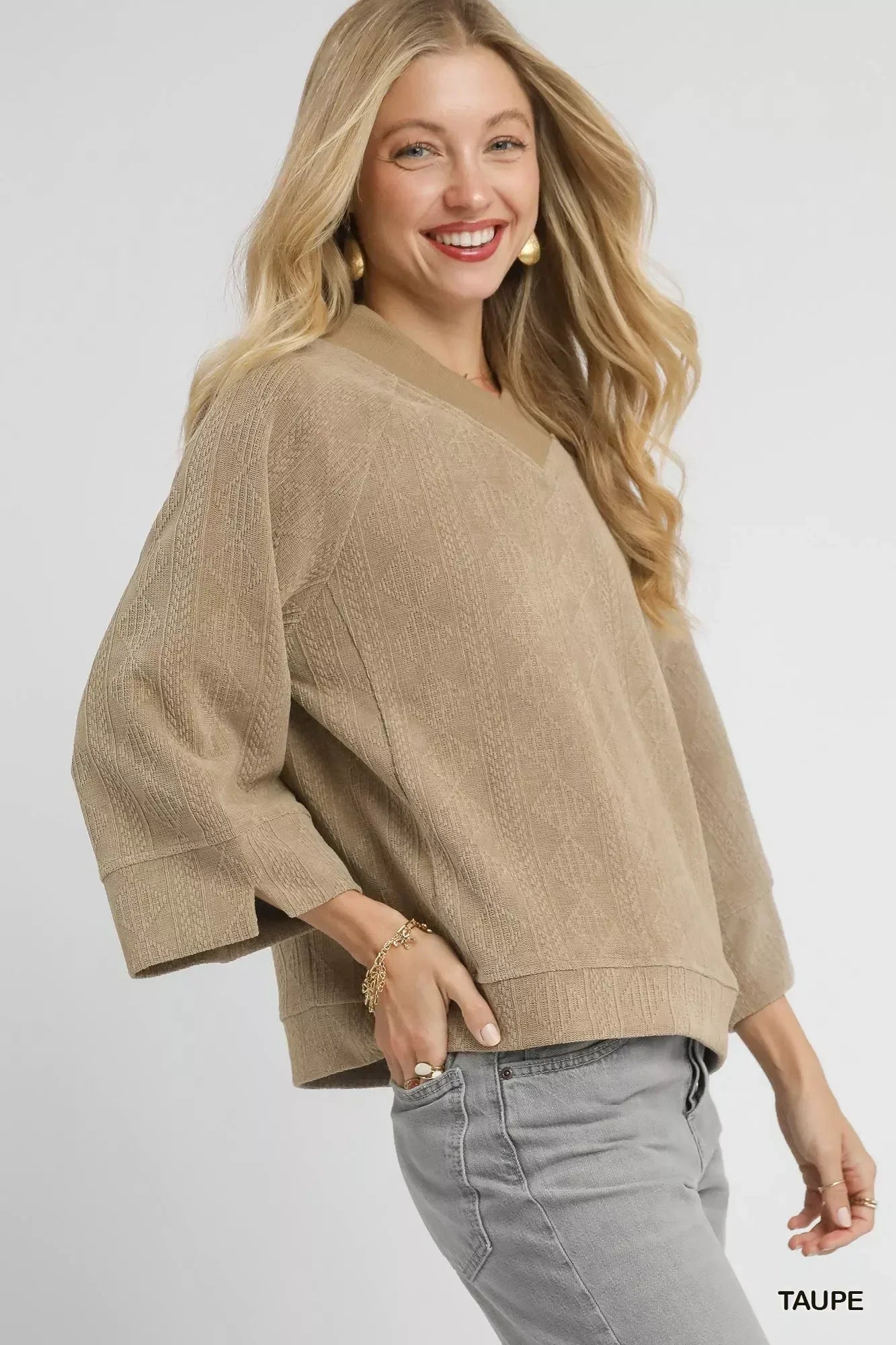 Umgee Textured Knit V-Neck Top Taupe - DAVERRI FASHIONS