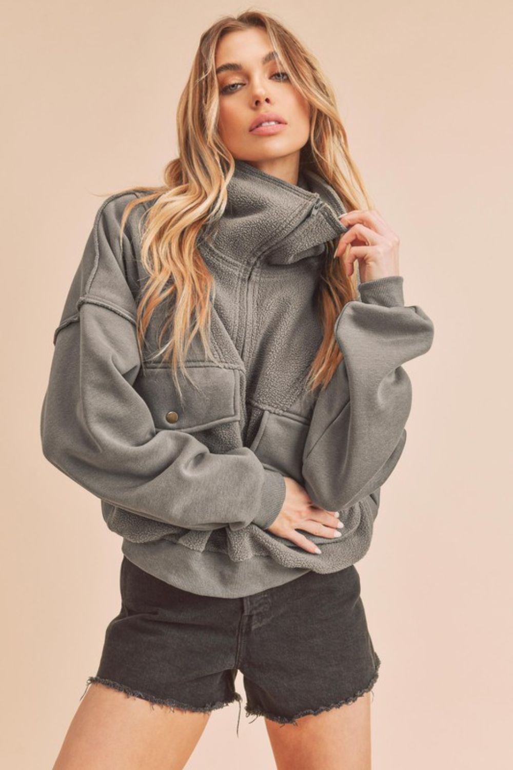 Aemi + Co Exposed Seam Half Zip Sweatshirt with Pockets Dark Gray