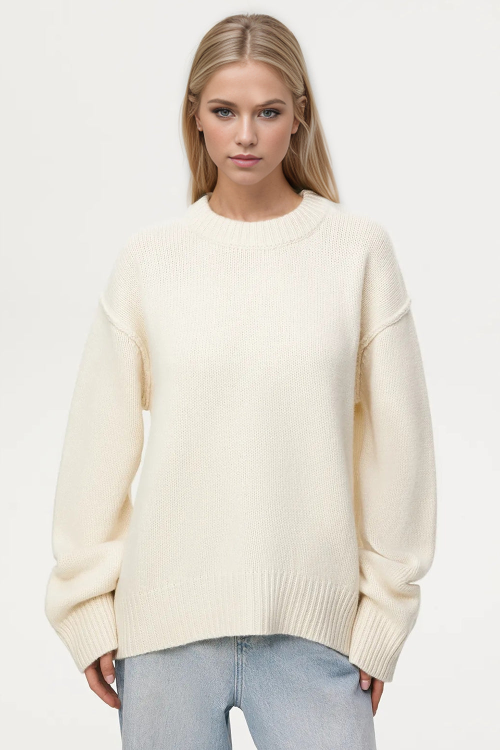 Basic Bae Round Neck Dropped Shoulder Sweater White One Size Sweaters