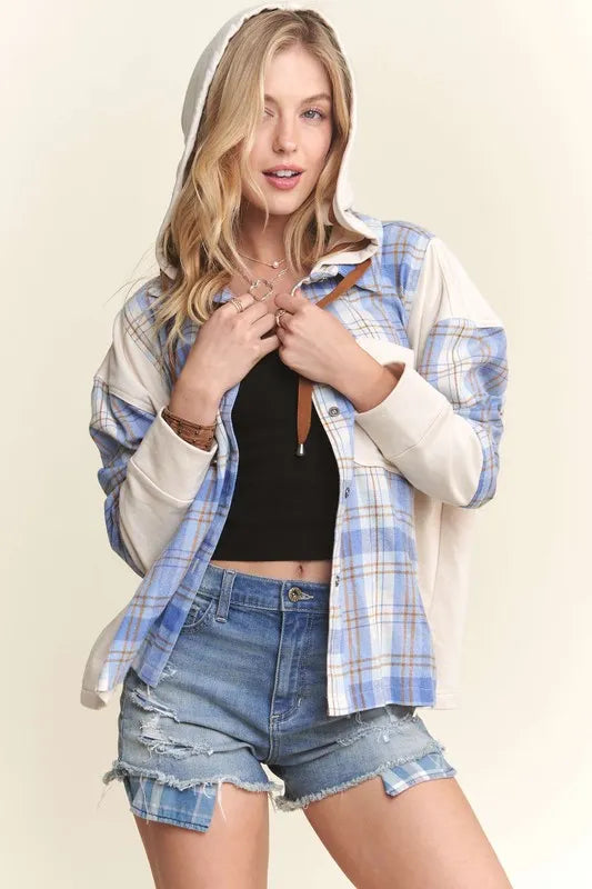 ADORA Button Down Plaid Hoodie Shacket BLUE IVORY Shackets