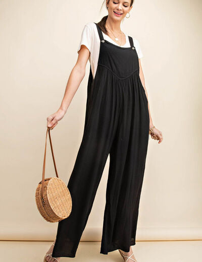 Kori America Full Size Sleeveless Ruched Wide Leg Overalls Black