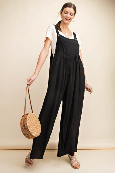 Kori America Full Size Sleeveless Ruched Wide Leg Overalls Black