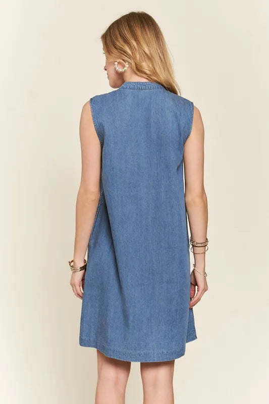 ADORA Notched Sleeveless Denim Dress with Pockets, medium blue wash