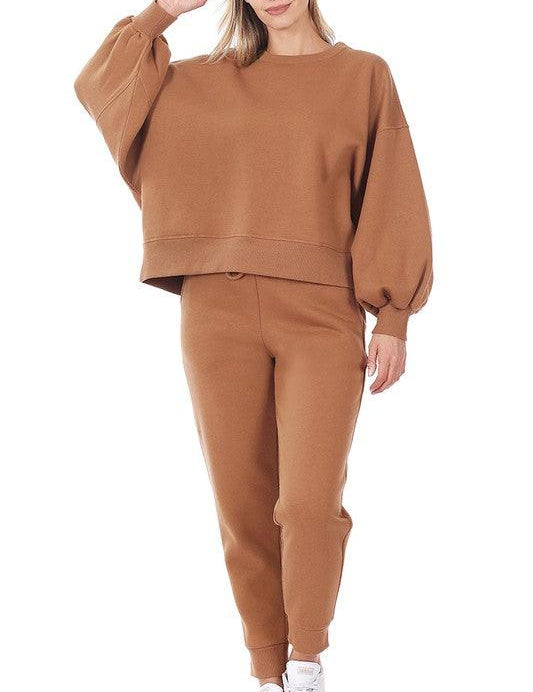 Zenana Sweatshirt and Sweatpants Set DEEP CAMEL Pants Sets