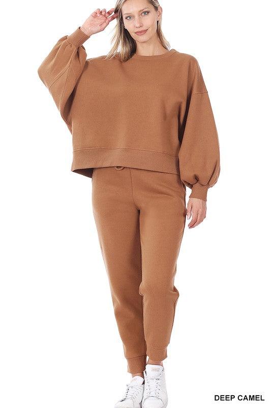 Zenana Sweatshirt and Sweatpants Set DEEP CAMEL Pants Sets