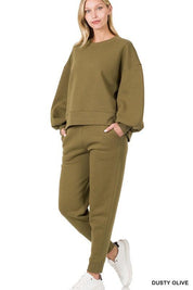 Zenana Sweatshirt and Sweatpants Set DUSTY OLIVE Pants Sets