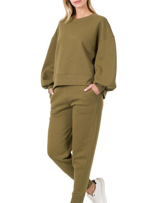 Zenana Sweatshirt and Sweatpants Set DUSTY OLIVE Pants Sets