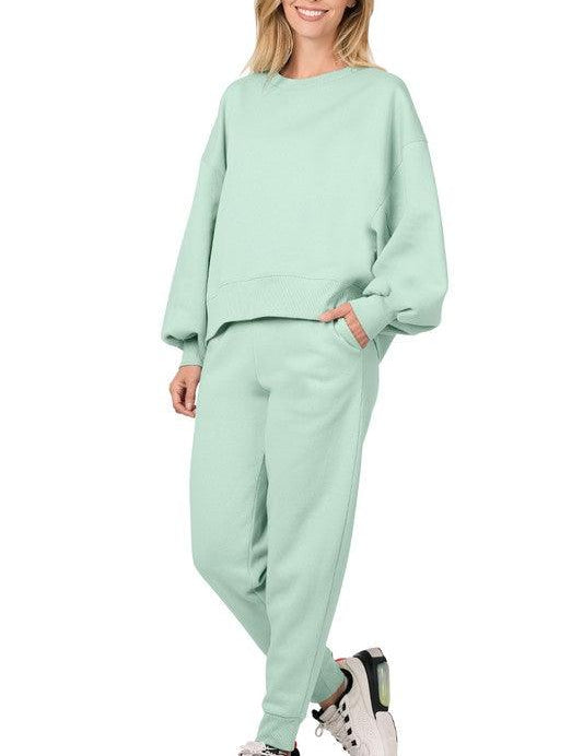 Zenana Sweatshirt and Sweatpants Set DUSTY GREEN Pants Sets