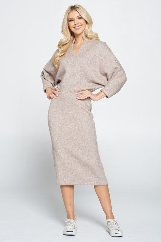 Sweater Knit Dolman Sleeve Midi Dress Taupe Mid Dresses