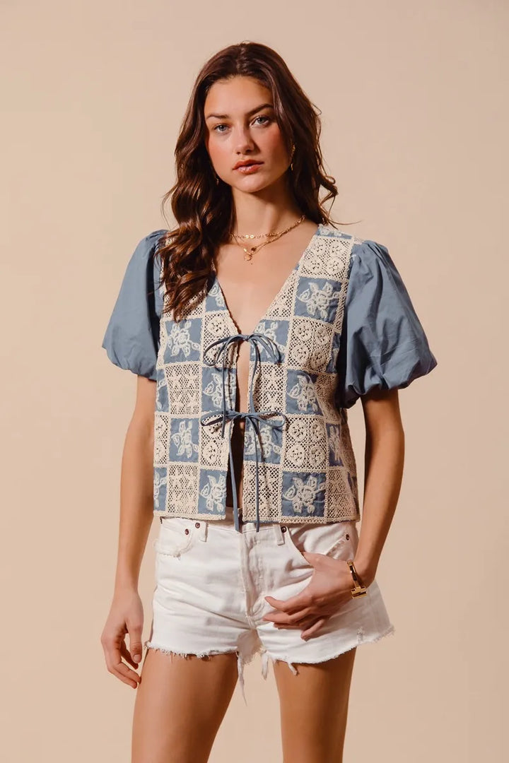 SO ME Crochet Lace Tie Front V Neck Blouse Top