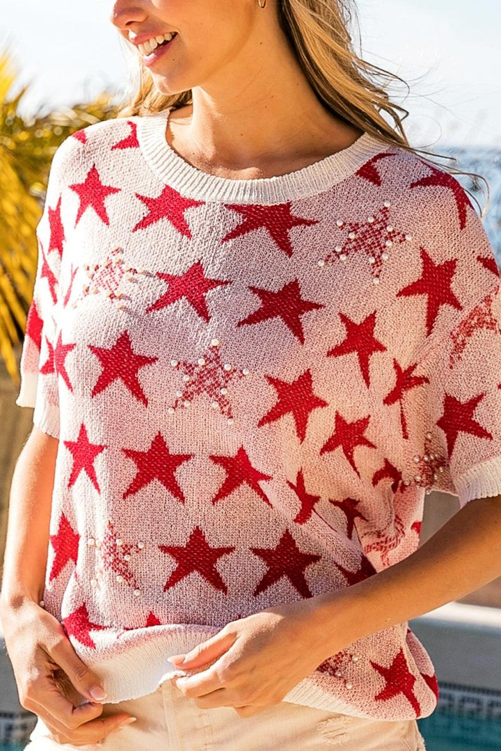 BiBi Star Pattern Round Neck Short Sleeve Knit Top Shirts & Tops