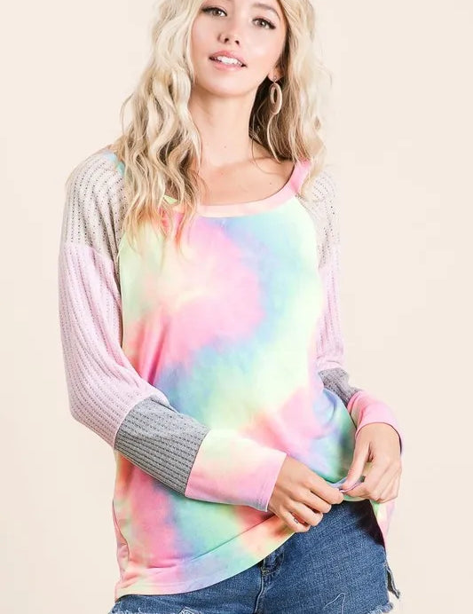 BiBi Tie Dye Terry Top with Color Block Pointelle Knit | Tops Daverri Fashions