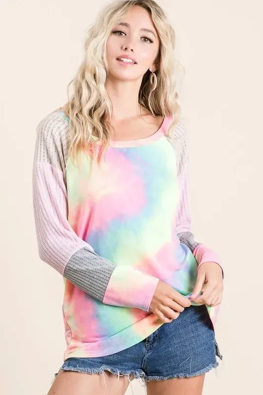BiBi Tie Dye Terry Top with Color Block Pointelle Knit - DAVERRI FASHIONS