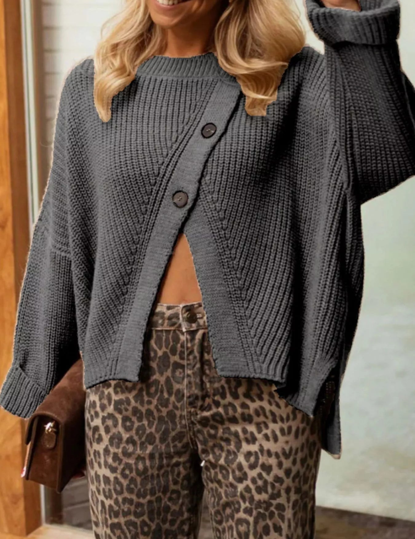 Gray One Size Asymmetrical Button Detail Sweater | Sweaters Daverri Fashions