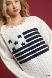 Umgee Distressed American Flag Sweater Cream | Sweaters Daverri Fashions