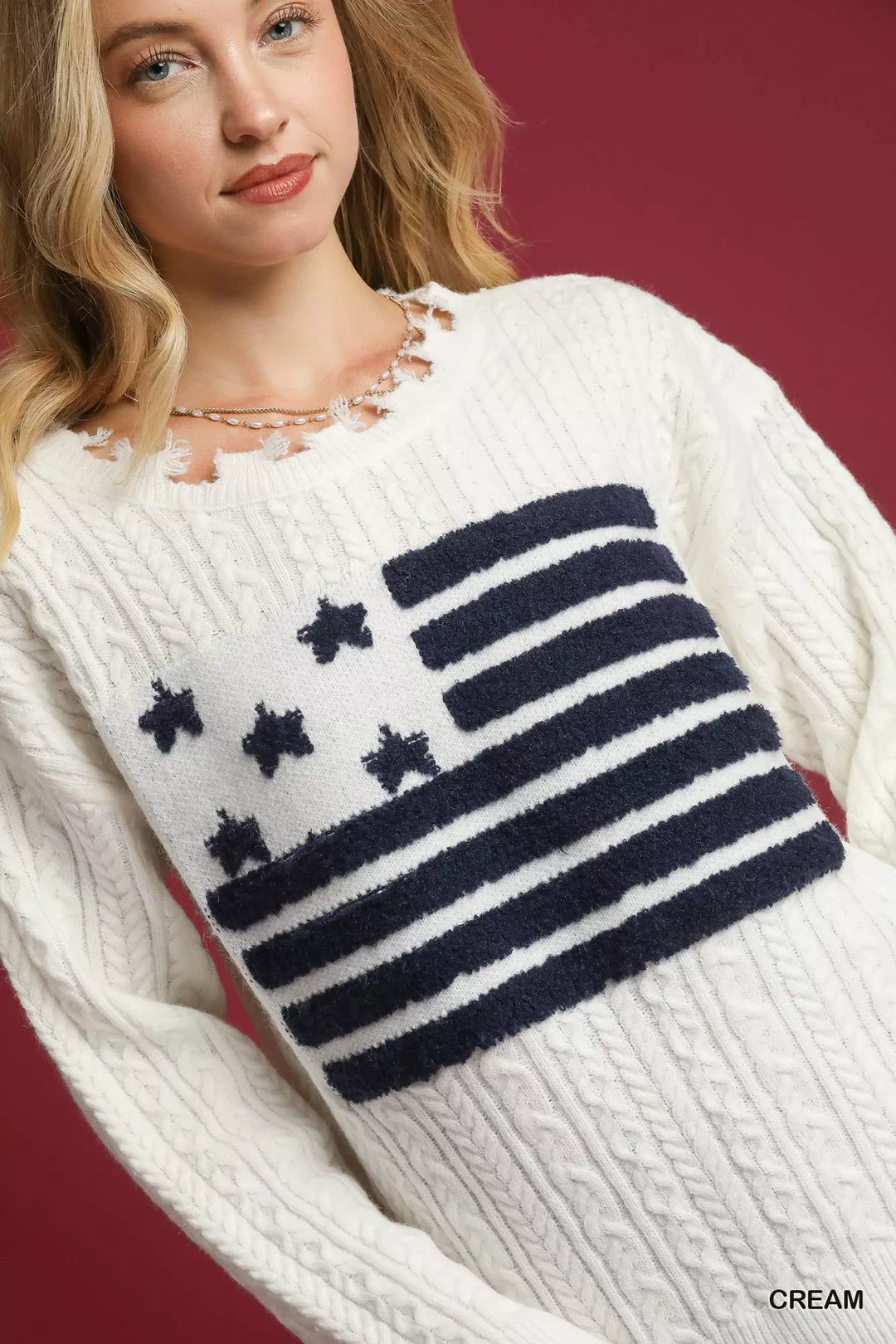 Umgee Distressed American Flag Sweater Cream | Sweaters Daverri Fashions