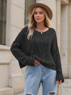 Black cable-knit round neck dropped shoulder long sleeve sweater
