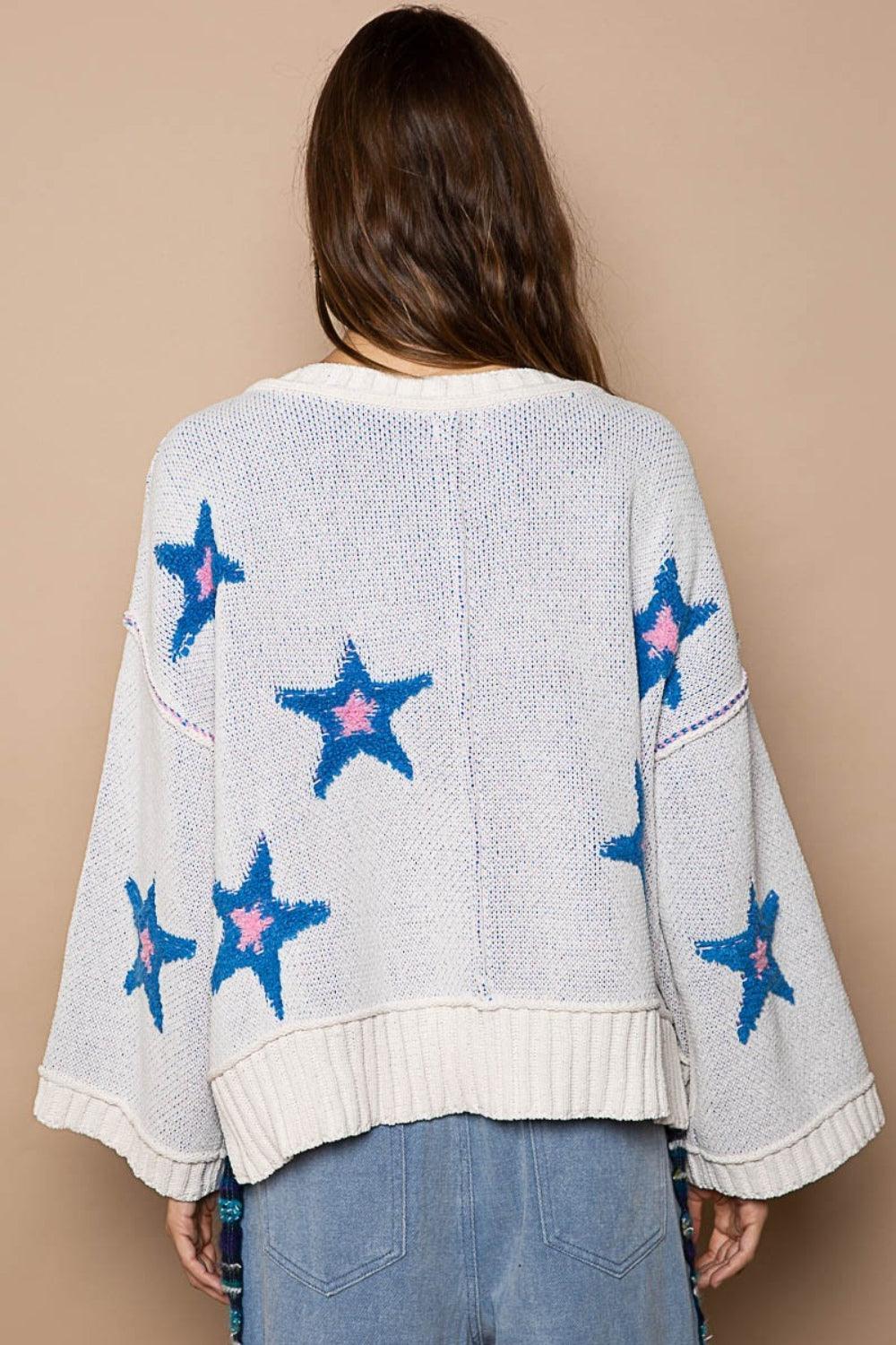 POL Long Sleeve Star Patch Sweater L - DAVERRI FASHIONS
