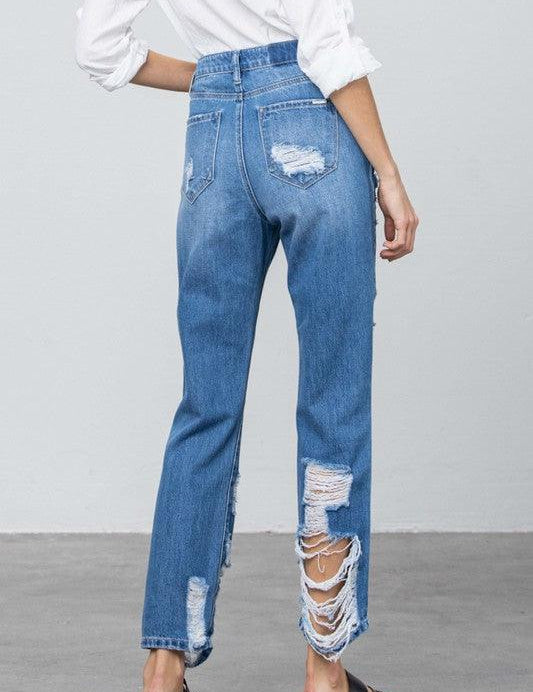 High Rise Destroyed Straight Jeans Jeans