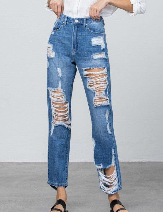 High Rise Destroyed Straight Jeans MEDIUM Jeans