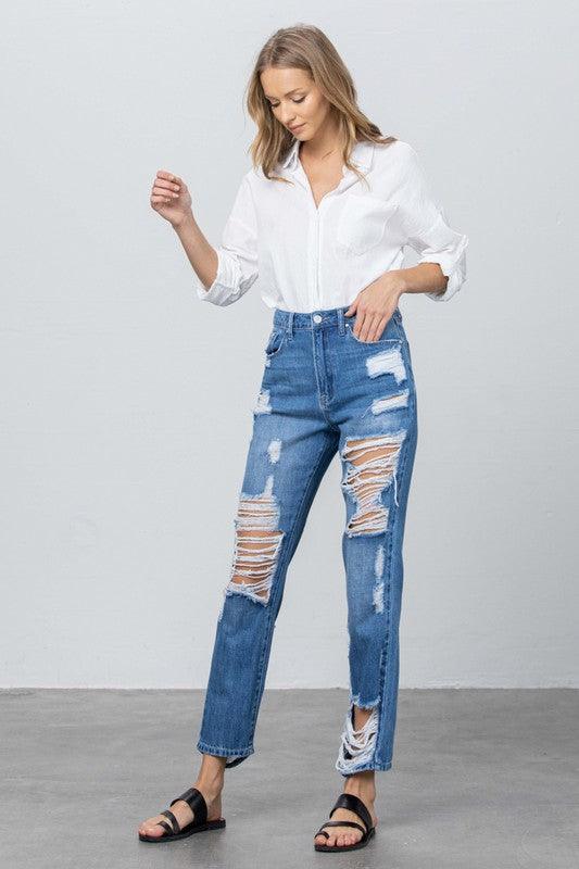 High Rise Destroyed Straight Jeans Jeans