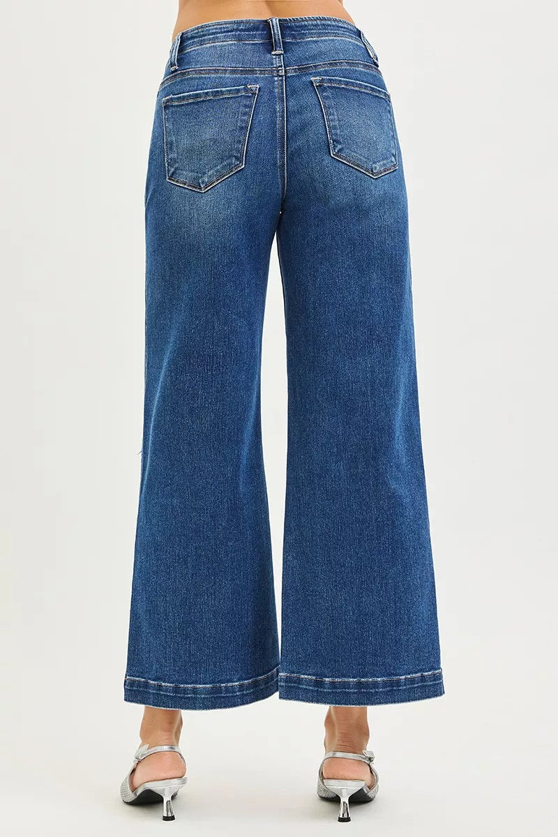 RISEN high rise wide leg blue denim jeans with pocket button detail