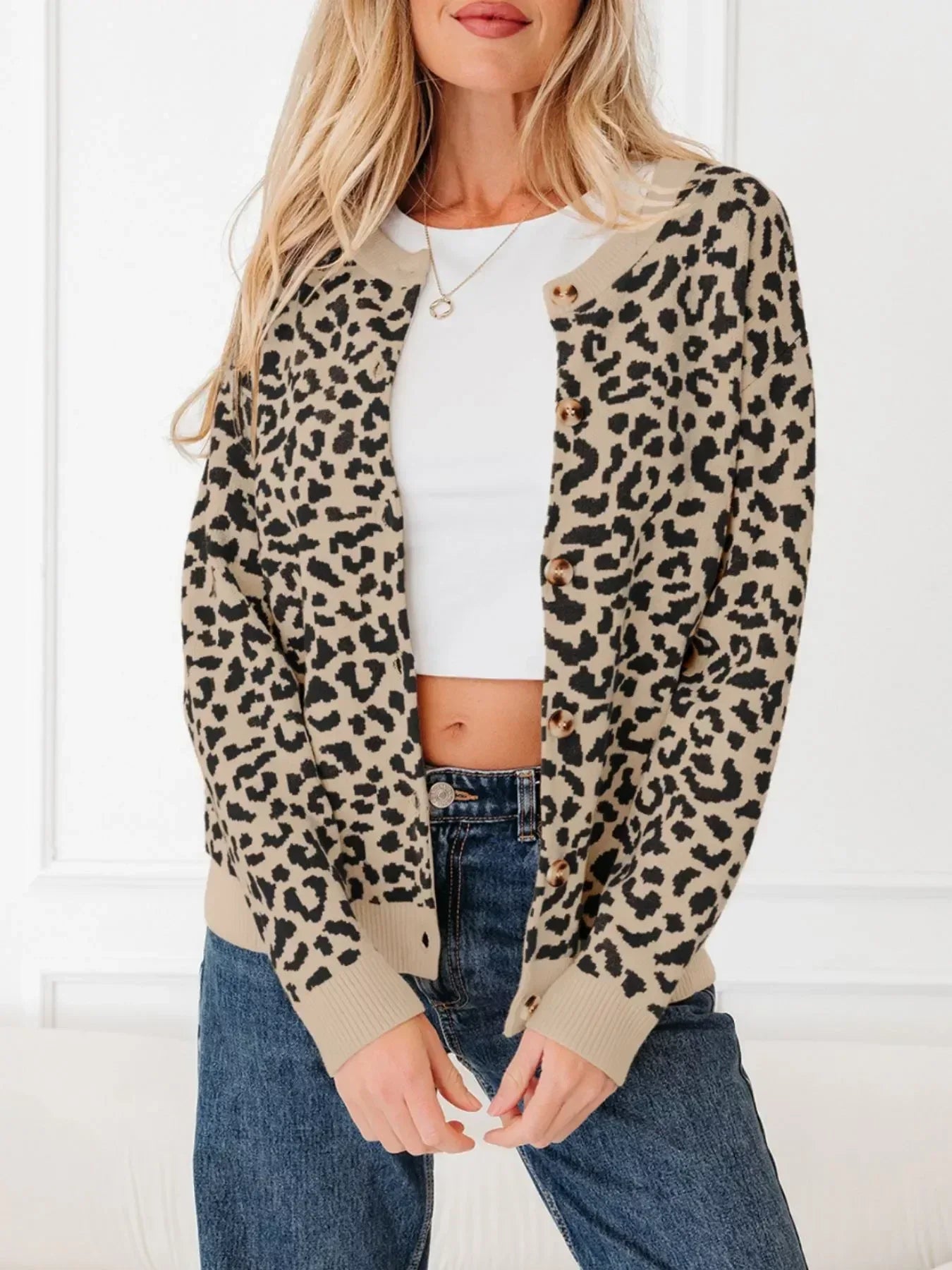 Leopard Drop Shoulder Chunky Knitted Cardigan - DAVERRI FASHIONS