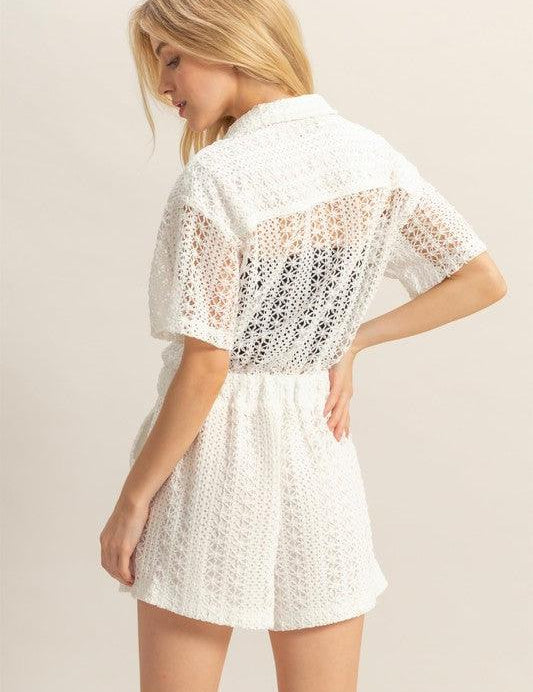 HYFVE Crochet Button Front Short Sleeve Romper | Rompers Daverri Fashions
